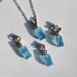 unit 1 piece Beautiful Natural Blue Aquamarine Gemstone Crystal Pillar Wand Pendat With Random Design 925 Silver Lock