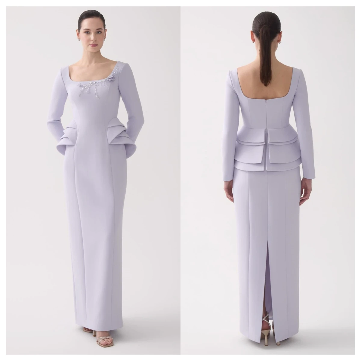 

Customized Temperament Light Purple Jersey Evening Dress Square Collar Long Sleeves Celebrity Gowns Bespoke Occasion Gowns
