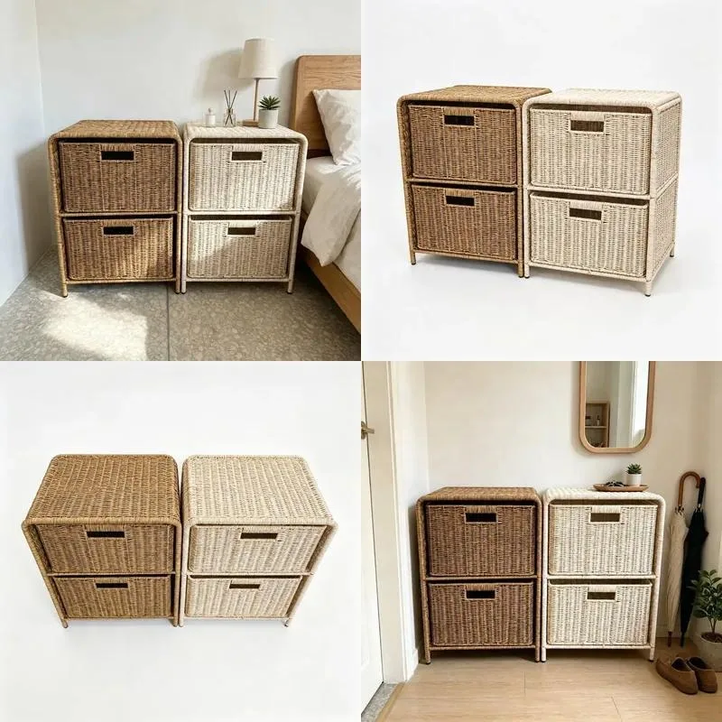 Durable Plastic Rattan Two-Layer Drawer Storage Basket with Iron Frame for Bedside Tables, Sofa Side Storage and Undertable