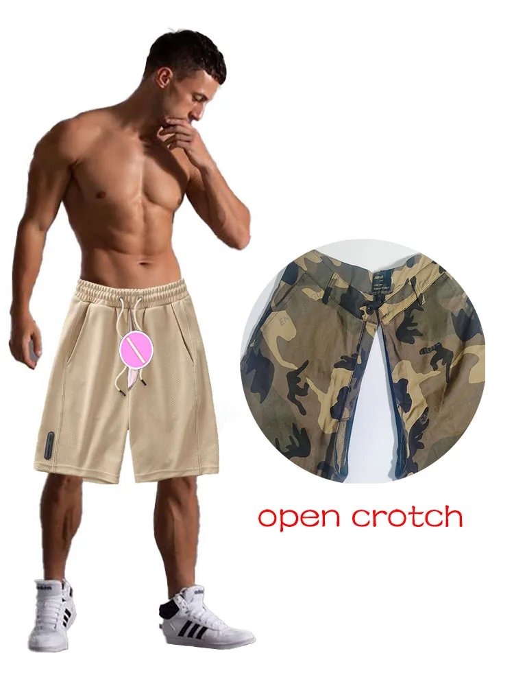 Invisible Open Crotch Sex Pants Waffle Shorts Men\'s Summer Heavy Sweatpants Loose Sports Elastic Waist Casual Short with Pockets