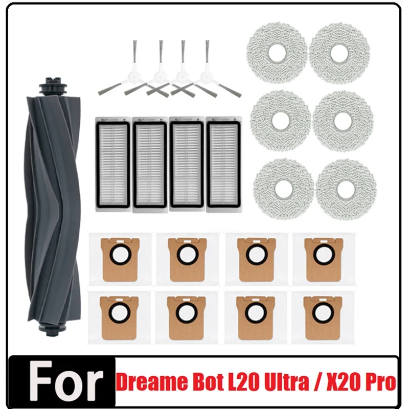 23PCS Accessories Kit For Dreame Bot L20 Ultra / X20 Pro Robot Vacuum Cleaner Main Side Brush Hepa Filter Mop Dust Bag