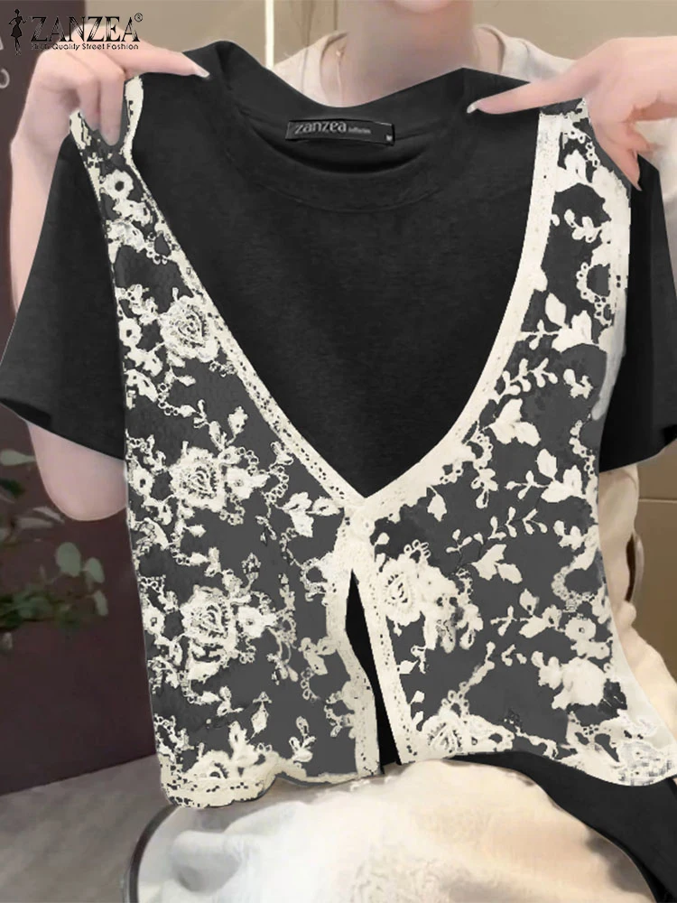 Lace Patchwork Blouse Women Summer Tops Loose Tunic ZANZEA Fashion Casual Short Sleeve Blusas Oversized Pullover 2025 NEW