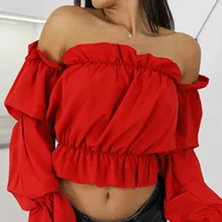 2023 Candy Color Off Shoulder Crop Tops women Summer dot print lantern sleeve shirts Lady Sexy Slash neck beach blouse