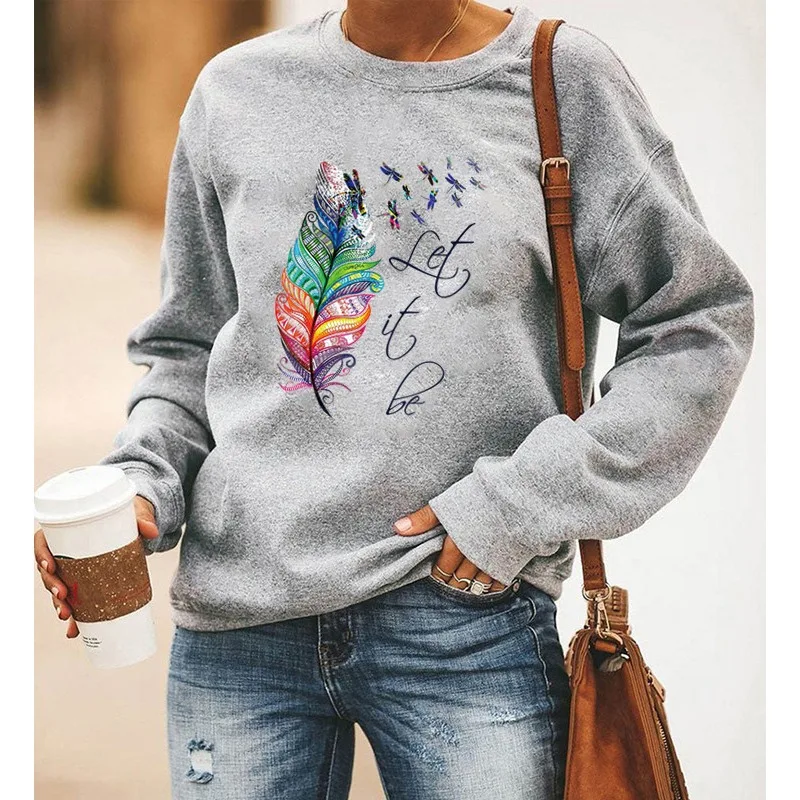 Let It Be Feather Print Long-sleeved Crew-neck Hoodie Sweatshirts Clothes Aesthetic Harajuku Sweatshirt Tops