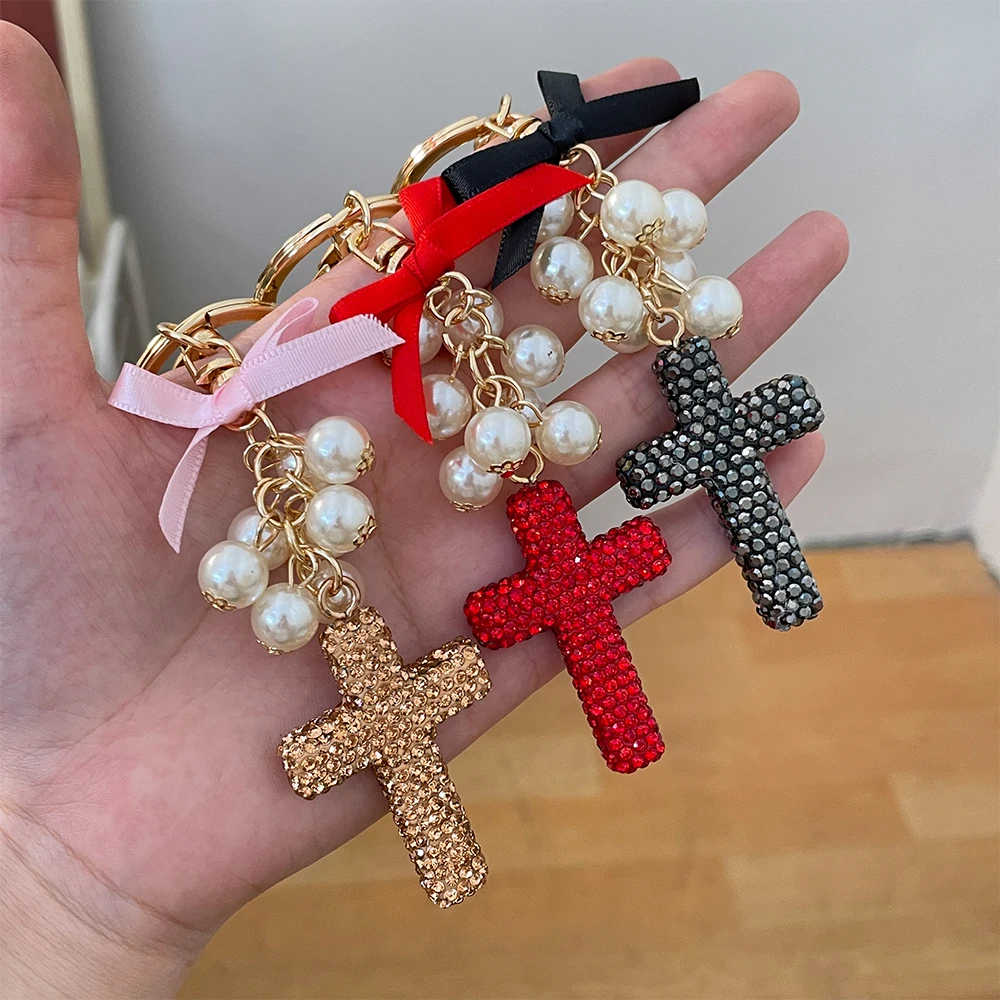 Cross Keychain Crystal Rhinestone Pearls Bow Key Ring Women\'s Bag Pendant Souvenir Gift