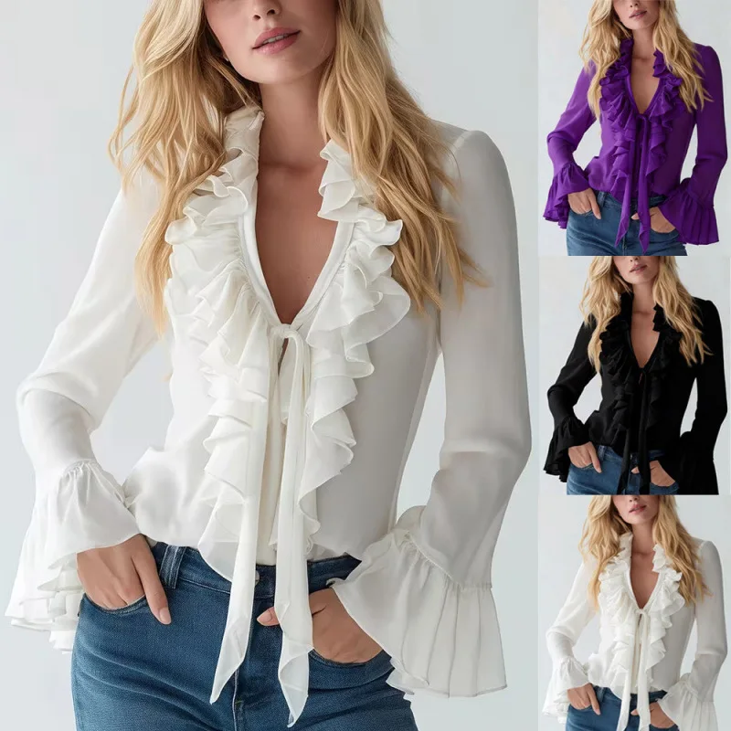 

Women's 2026 Spring French Style Elegant Ruffle Trim Solid Color V Neck Puff Sleeve Blouse