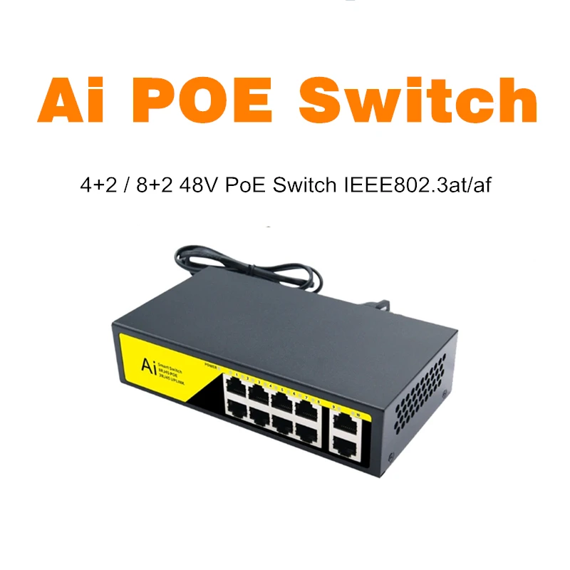 POE Switch 8+2 Ports 10/100Mbps Ethernet Network POE Switch IEEE802.3 af/at