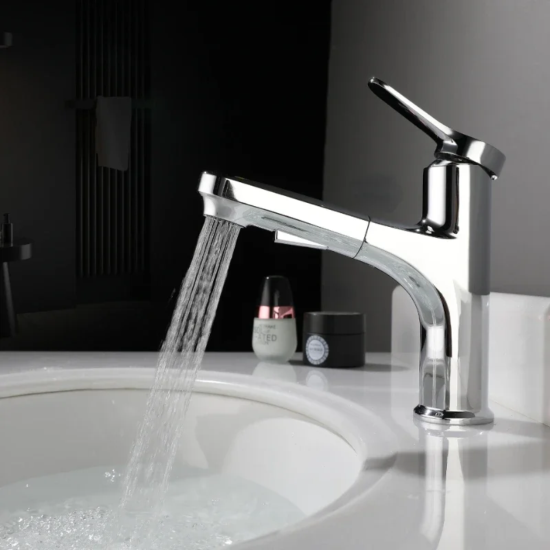 Electroplated Silver Basin Single Handle Mixing Pull-Out Faucets For Bathrooms Sink Cold & Hot Water Washbasin Kit Metal Taps