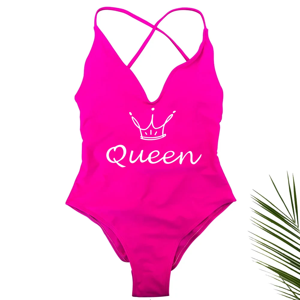 QUEEN Sexy gepolsterter Badeanzug mit Kreuzrücken für Damen, hoch geschnitten, einteiliger Badeanzug, Strandmode, Party-Body