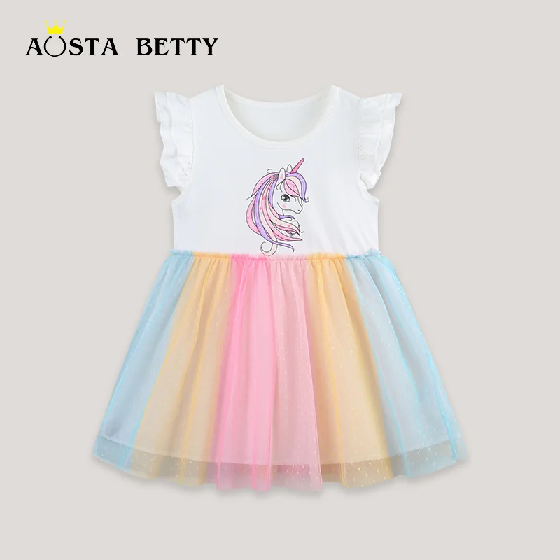 Summer new flying sleeve girls' dress European and American style unicorn print mesh children's princess dress dropshipping