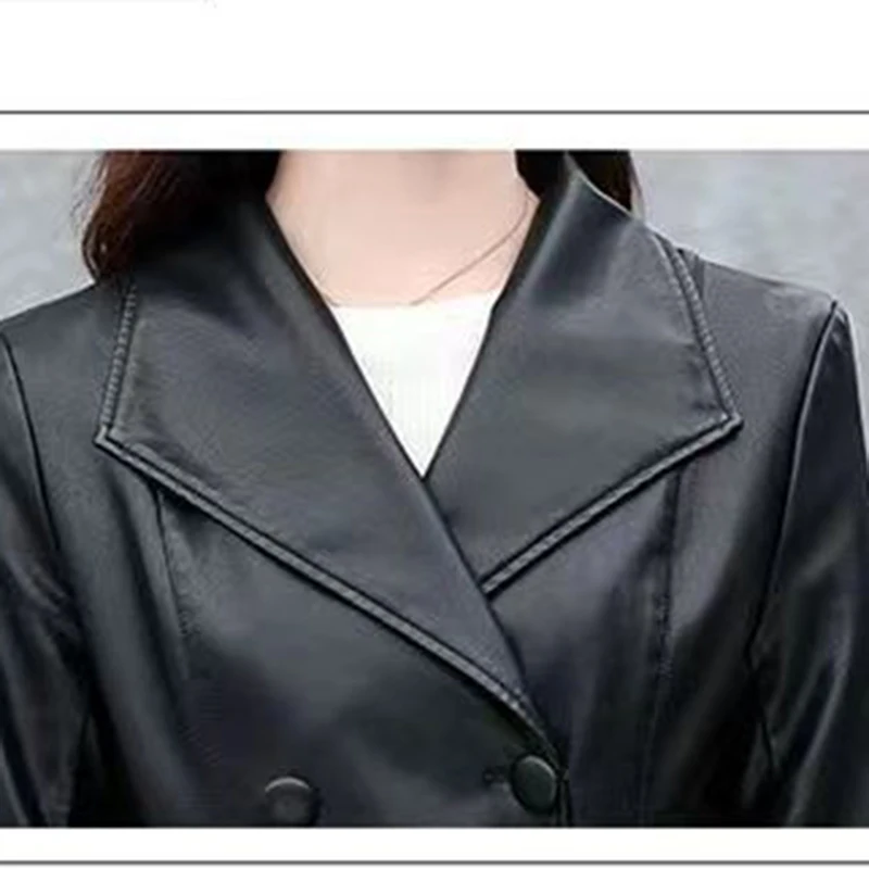 ผู้หญิงเสื้อหนังยาว 2025 ฤดูใบไม้ผลิใหม่เกาหลีSlim Luxury Windbreaker Jacket Double-Breastedเข็มขัดBomber Streetwear Outwear