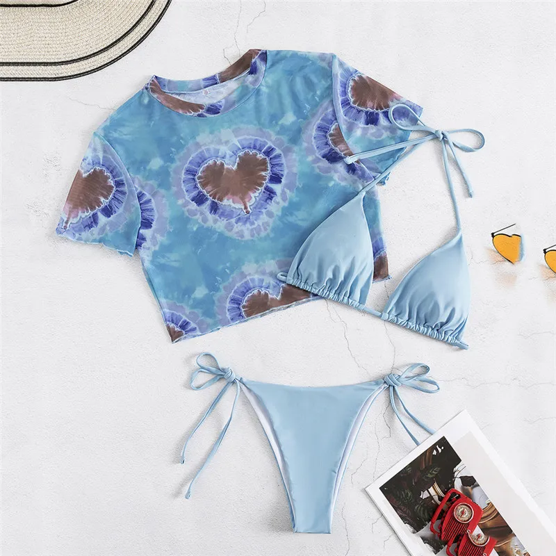 Light Blue Heart Print Micro Thong 3 Piece Bikini Set 2025 Sexy Swimsuit Cover Ups Women String Halter Swimwear Triangle Bikinis