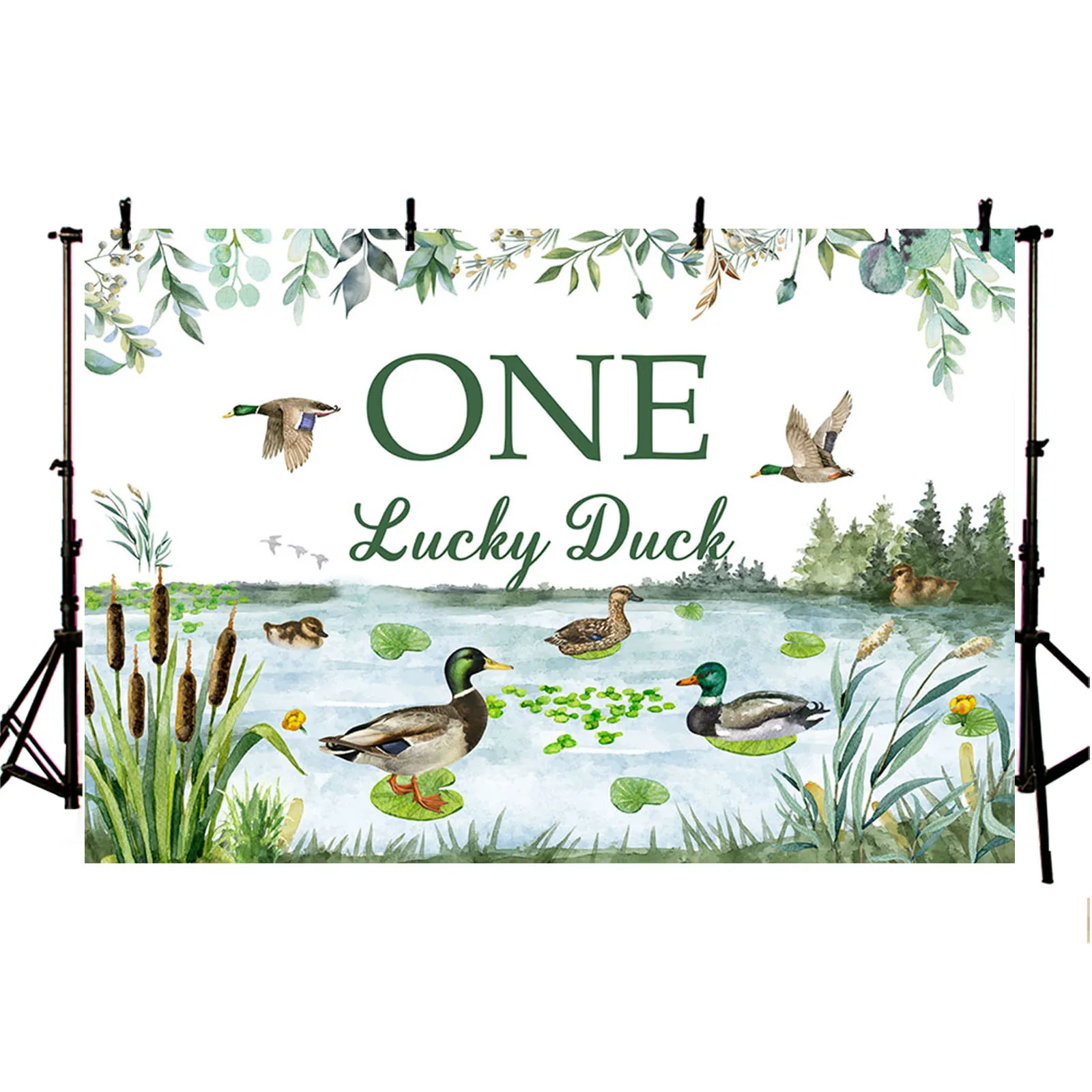 AIBIIN 1st Birthday Party Backdrop Spring Leaves Duck Reed Lake Surface Photography Background Party Decor Cake Table Photozone