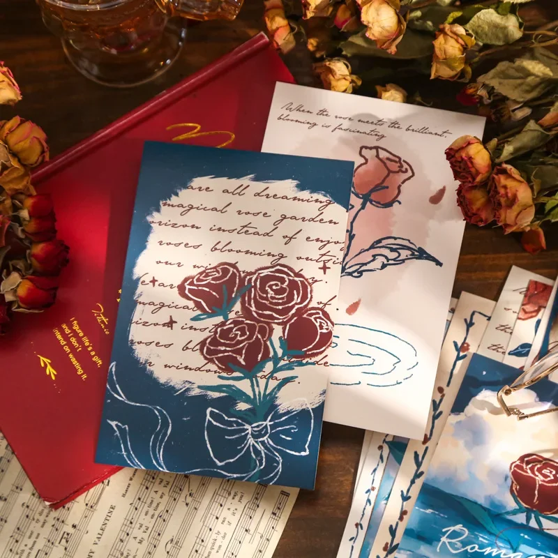 

30pcs/case Rose Revelation Series Boxed Postcard Retro Abstract Cartoon Rose Festival Greeting Card 4 Types