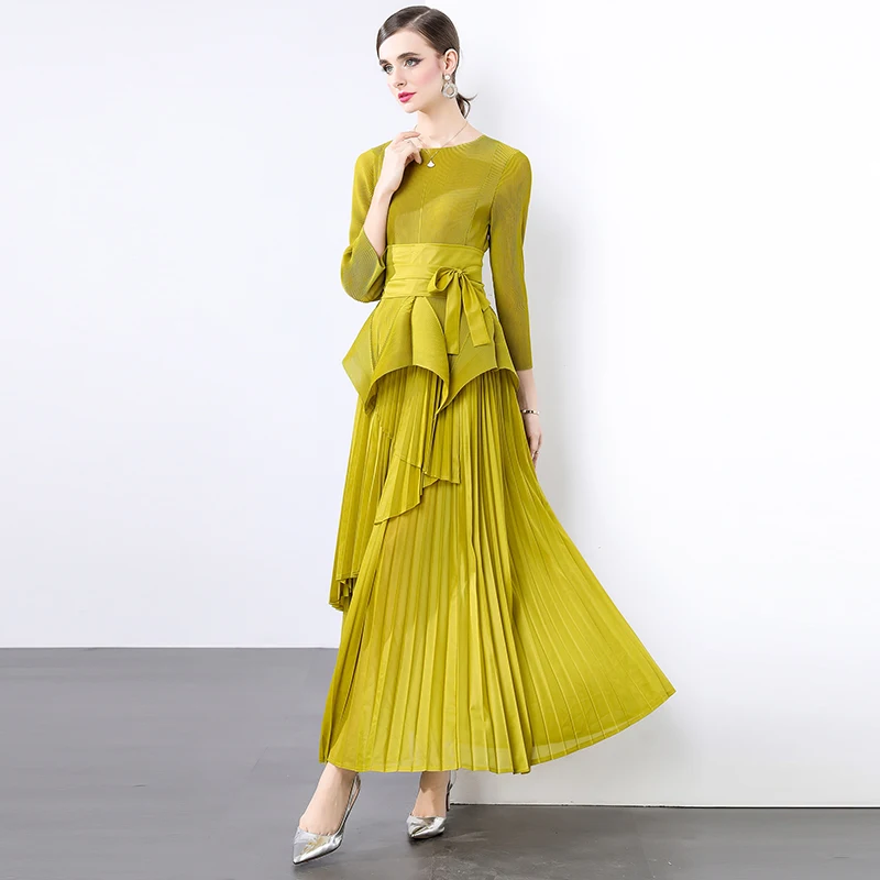 New Fashion Pleated 2 Piece Set For Women Round Collar Irregular Belt Gathered Waist Ruffles Tops + Miyake Party Long Skirt Suit