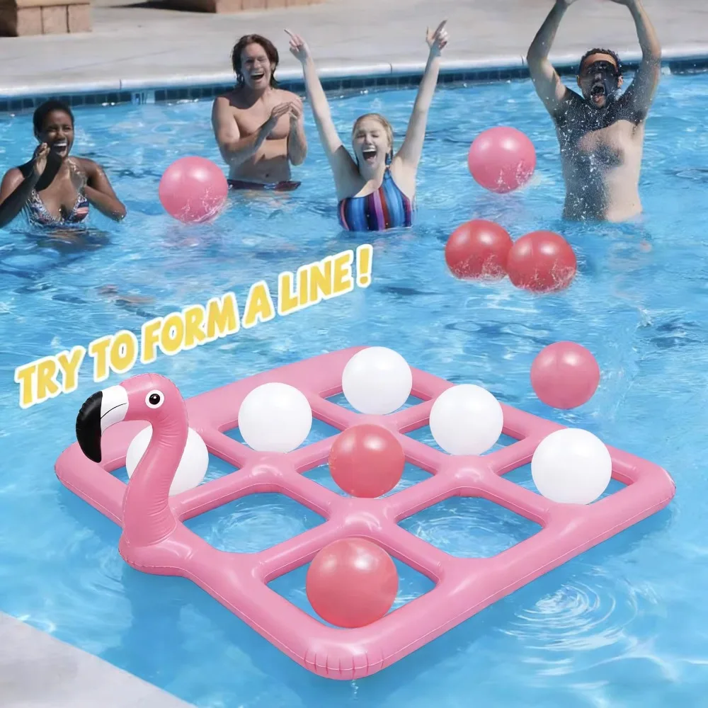 Inflatable Flamingo Ring Toss & Tic Tac Toe Pool Games Set with Floating Board, Summer Water Toys for Kids Adults Family Party