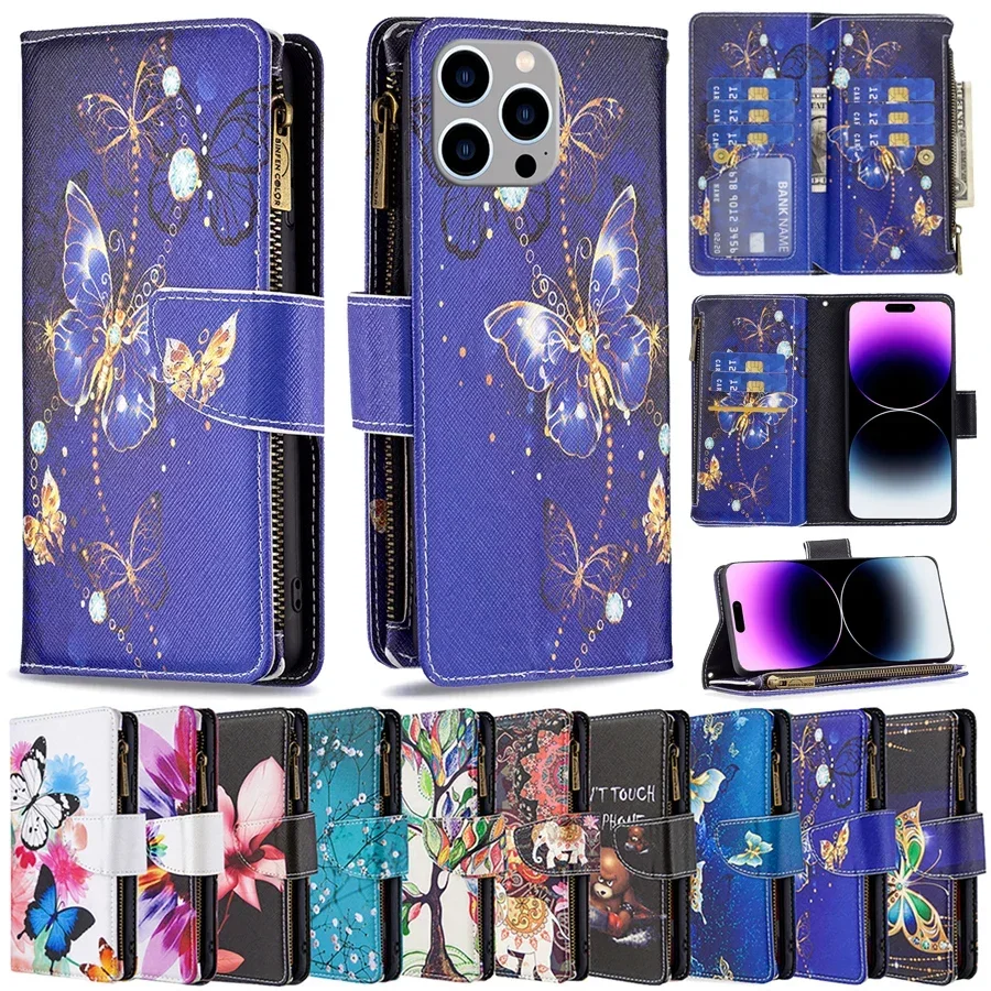 

Wallet Multi Card Painted Zipper Magnetic Flip Leather Case For iPhone 16 Pro Max 15 Plus 14 13 12 11 SE2 X XS XR 8 7 Cover