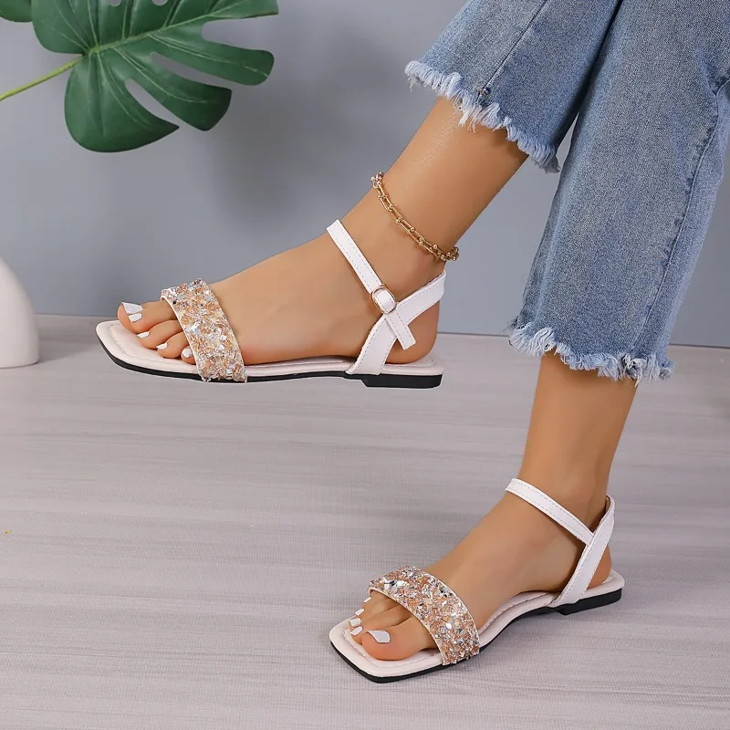 

2025 New Summer Luxury Rhinestone Sparkle Slippers Outdoor Square Toe Plus Size Beach Sandals Women's Buckle Slippers