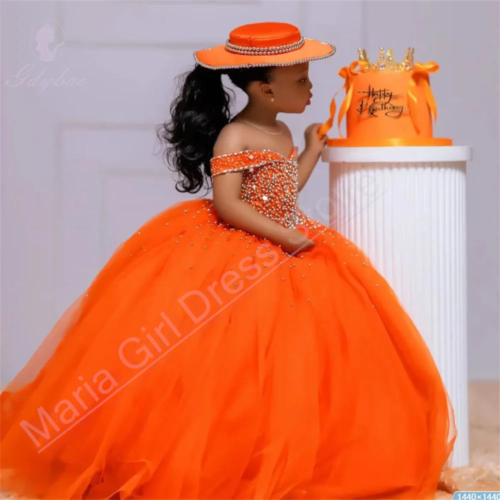 ثوب الكرة البرتقالية للفتيات كريستال مزين زهرة فتاة فستان الزفاف مناسبة رسمية ملابس الحفلات