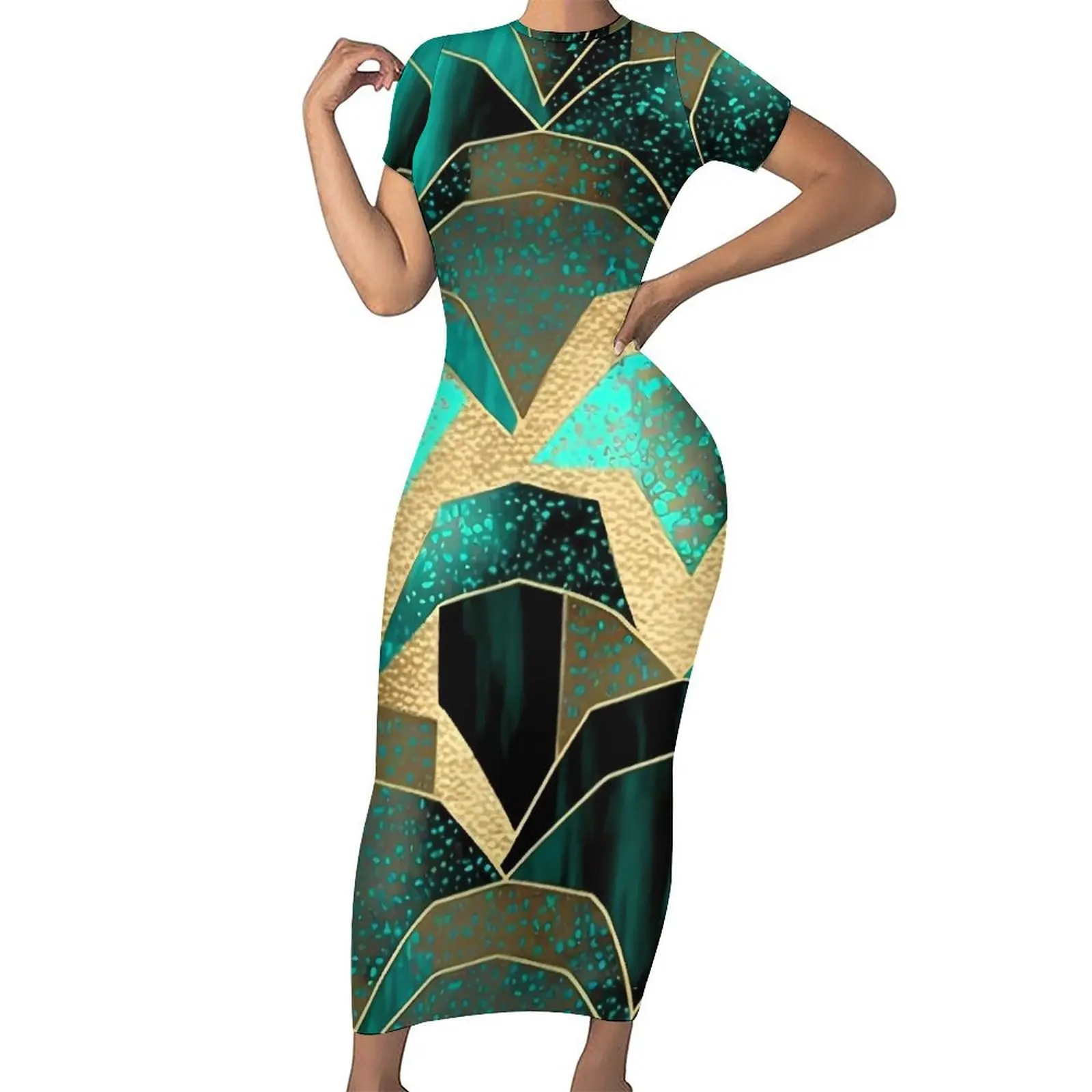 

Art Vintage Geometric Dress Womens Turquoise Scales Fashion Bodycon Dress Summer Short Sleeve Maxi Dresses Oversized Vestido