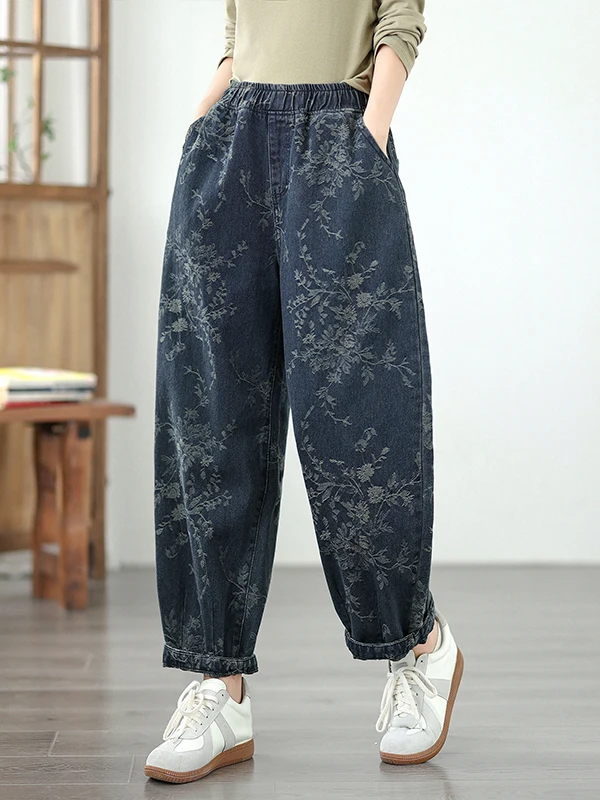 الرجعية Waed الأزهار التطريز المرأة الجينز مرونة الخصر فضفاضة التخسيس عارضة هارلان السراويل الخريف جديد Sle الأزرق القطن بو...