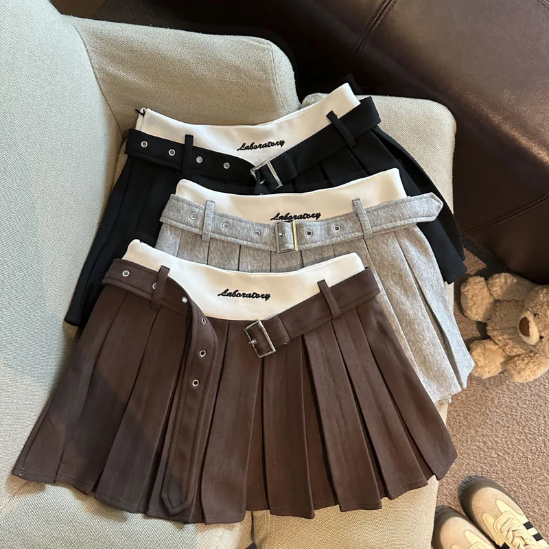 Vintage Streetwear Mini Skirt Women Summer Letter Embroidery Belt Y2K Skirts Patchwork Harajuku High Waist Retro Pleats Skirt