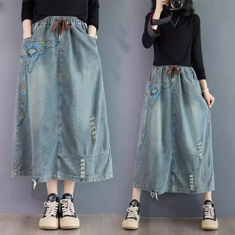 

Retro Embroidered Cowboy Skirt Women Autumn Casual Large Size Elastic Waist Denim Cotton Loose New A-Line Midi Jeans Skirt K2203