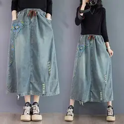 Retro Embroidered Denim Skirt Women Spring Casual Large Size Elastic Waist Loose Vintage A-Line Midi Jeans Skirt K2203