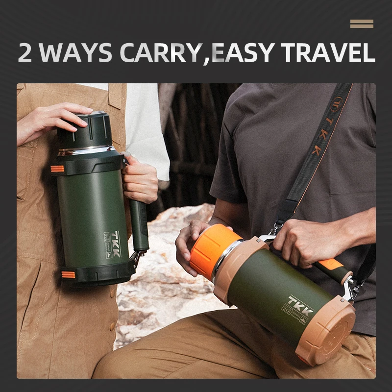 TKK 2000ml SUS-316 Large Capacity Stainless Steel Thermos Portable Vacuum Flask Insulated Tumbler with Rope Thermo Bottle