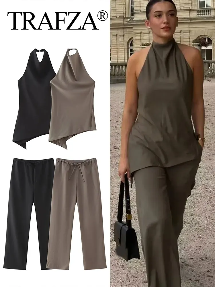 TRAFZA 2024 nowe modne damskie długie spodnie bez pleców Sexy Halter Camis Top + elastyczna talia kobieta prosta spodnie z szerokimi nogawkami