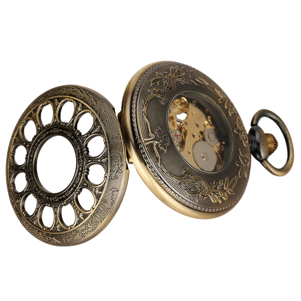 Transparent Hollow Roman Numerals Display Mechanical Pocket Watch Hand-Winding Luxury Vintage Pendant Chain Clock Gift Male