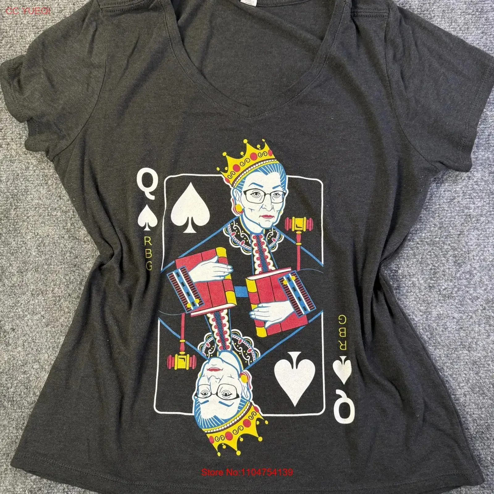 PTD T Shirt Womens Large Black Queen Ruth Bader Ginsburg Playing Card Feminist vintage Washed Casual Slightly Stylish