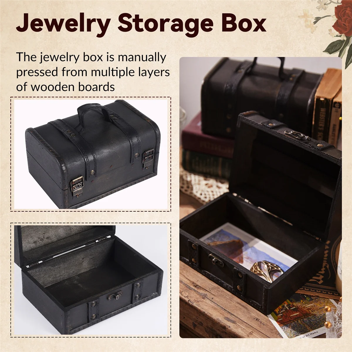 ABQR – coffre au trésor rétro, boîte de rangement en bois Vintage, organisateur de bijoux de Style Antique pour garde-robe, boîte à bijoux, boîte à bibelots avec boucle