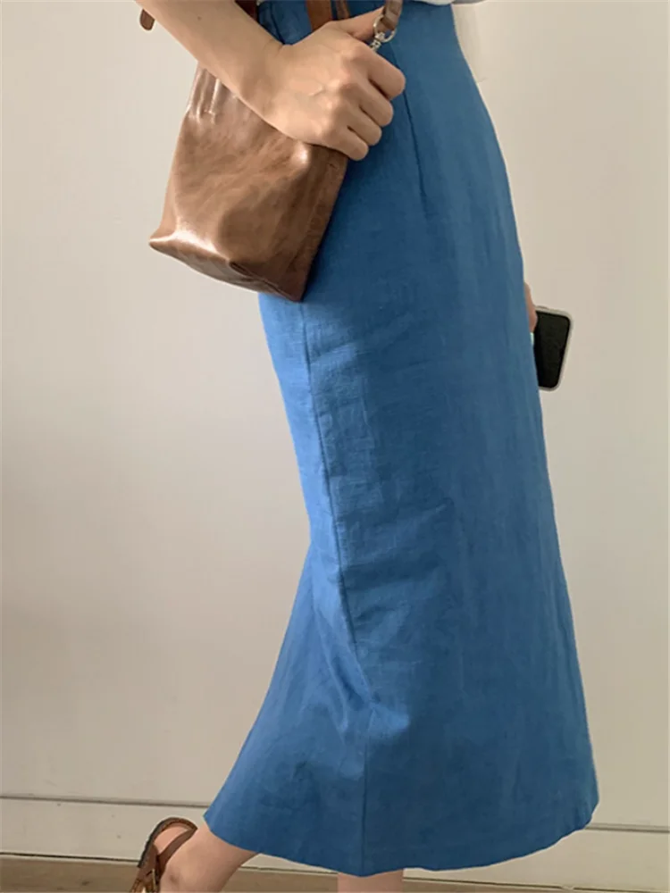 Gonna slim a mezza lunghezza blu arancione per donna 2025 Nuovo autunno moda vita alta dritto tubino diviso avvolto gonna a trapezio