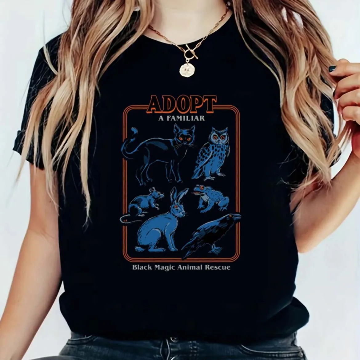 Adopt a Familiar T-Shirts for Women Vintage Supernatural Halloween T Shirts Short Sleeve Loose Trendy Cartoon Graphic Tees Tops