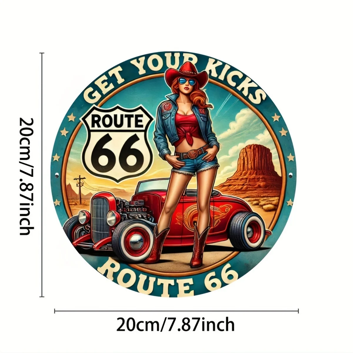 Vintage Get Your Kicks Route 66 Pin Up Cowgirl Round Tin Sign, Retro Distressed American Hot Rod Desert Landscape Metal Wall Art