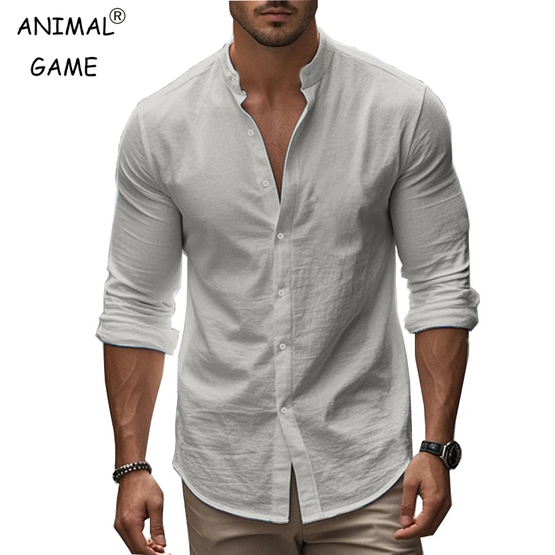 

Men's Cotton Shirt Long Sleeve Stand-Up Collar T Shirt Men's Casual Shirt Casual Regular Fit Summer Stand Breathable Streetwear