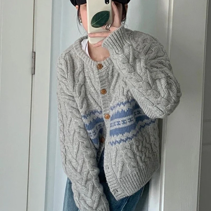 Rimocy Korean Gray Round Neck Cardigans Women Stripe Patchwork Twist Sweater Cardigan Woman Long Sleeve Knitted Coats Female