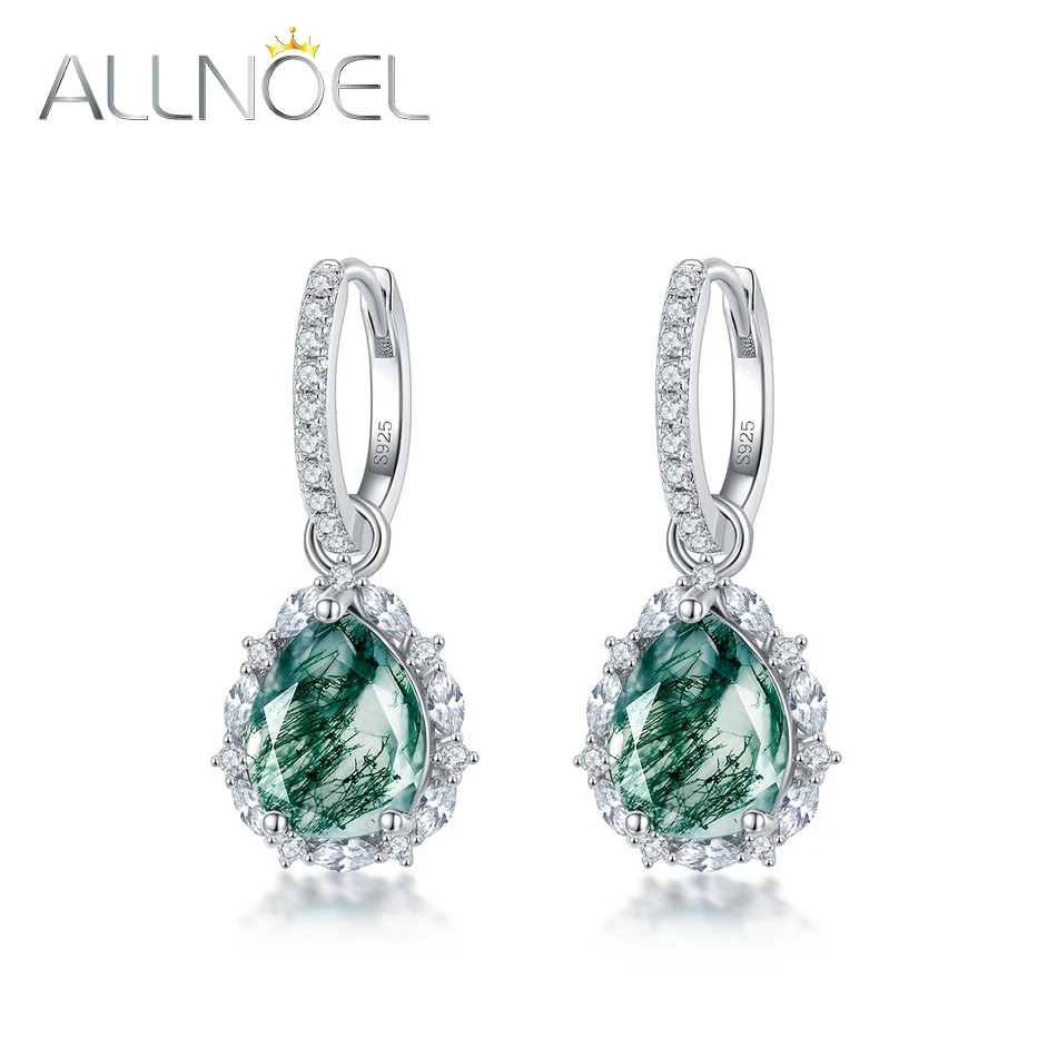 ALLNOEL 925 Sterling Silver Drop Earrings For Women Natural Pear 8*10mm Green Moss Agate Dangling Earrings Classic Gift  Jewelry