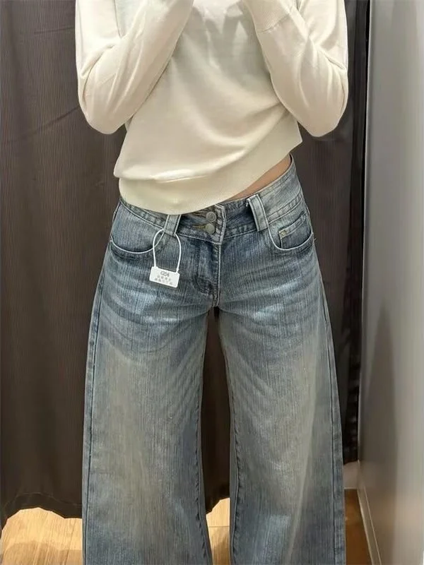 Retro Blue Texture Wide Leg Denim Jeans Women's Loose Slimming Drapey Floor-Length Pants Autumn New Style Natural Waist