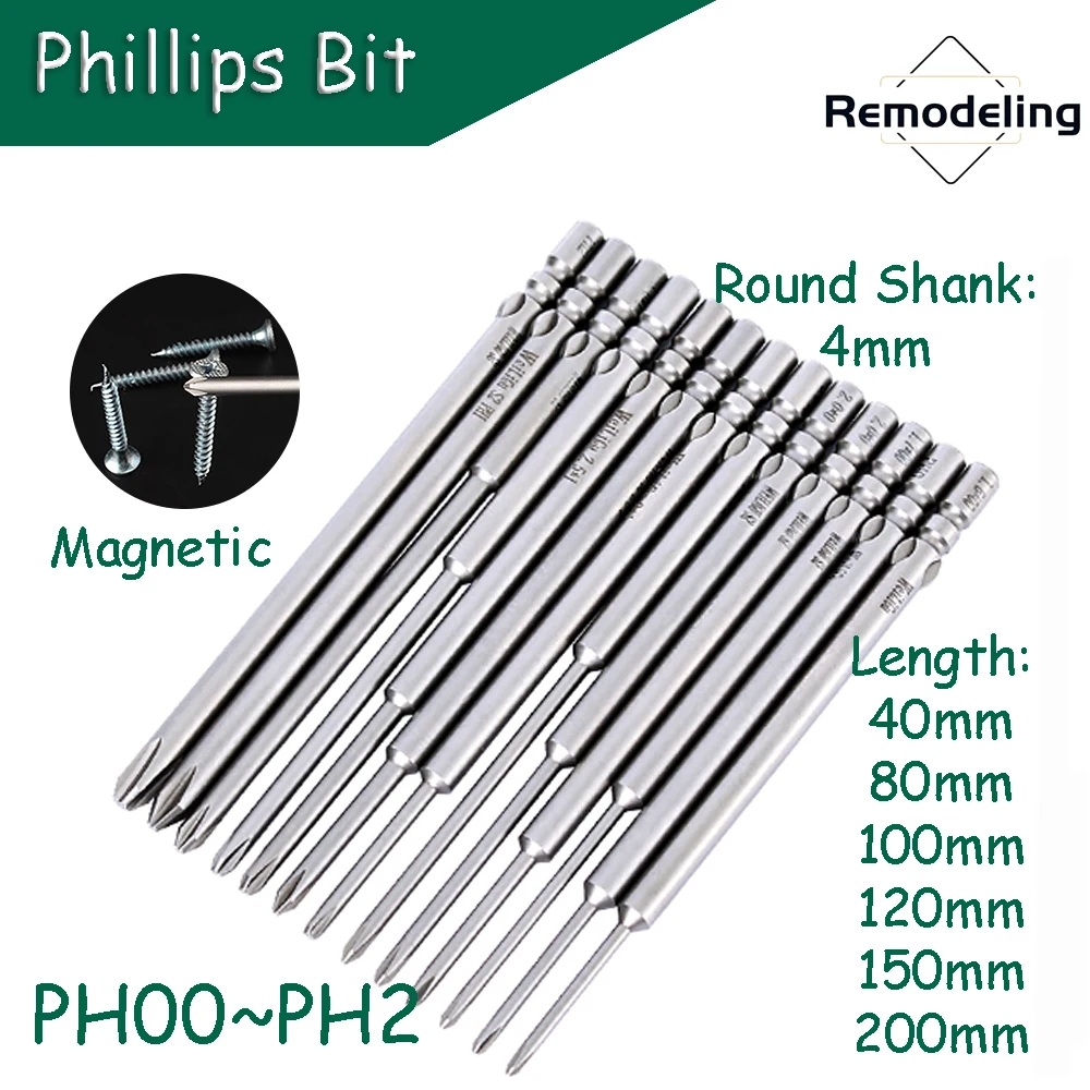 

Phillips Screwdriver Bit PH00~PH2 Magnetic 4mm Round Shank S2 Steel 40/80/100/120/150/200mm Length Electric Batch Head Repair