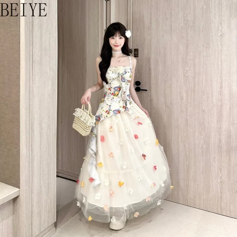 Women's 2 Pieces Set Floral Irregular Suspender Top Three Dimensional Mesh Skirt Suit Female High Street Lolita Outfits