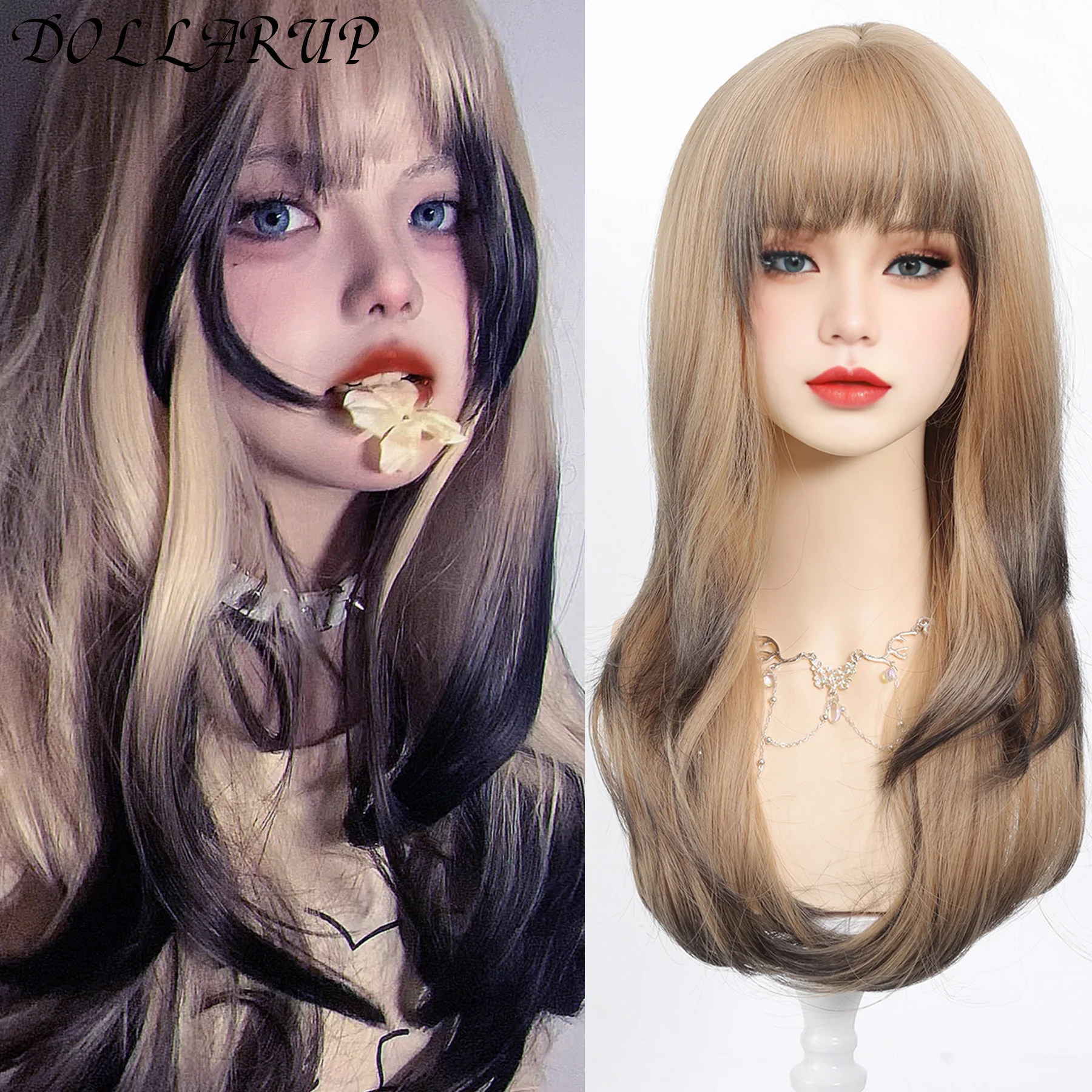 DOLLARUP Synthetic Long Straight Lolita Wig with Bangs Wig Girl Cute Ombre  Blonde Black Cosplay Party Halloween Harajuku Wig