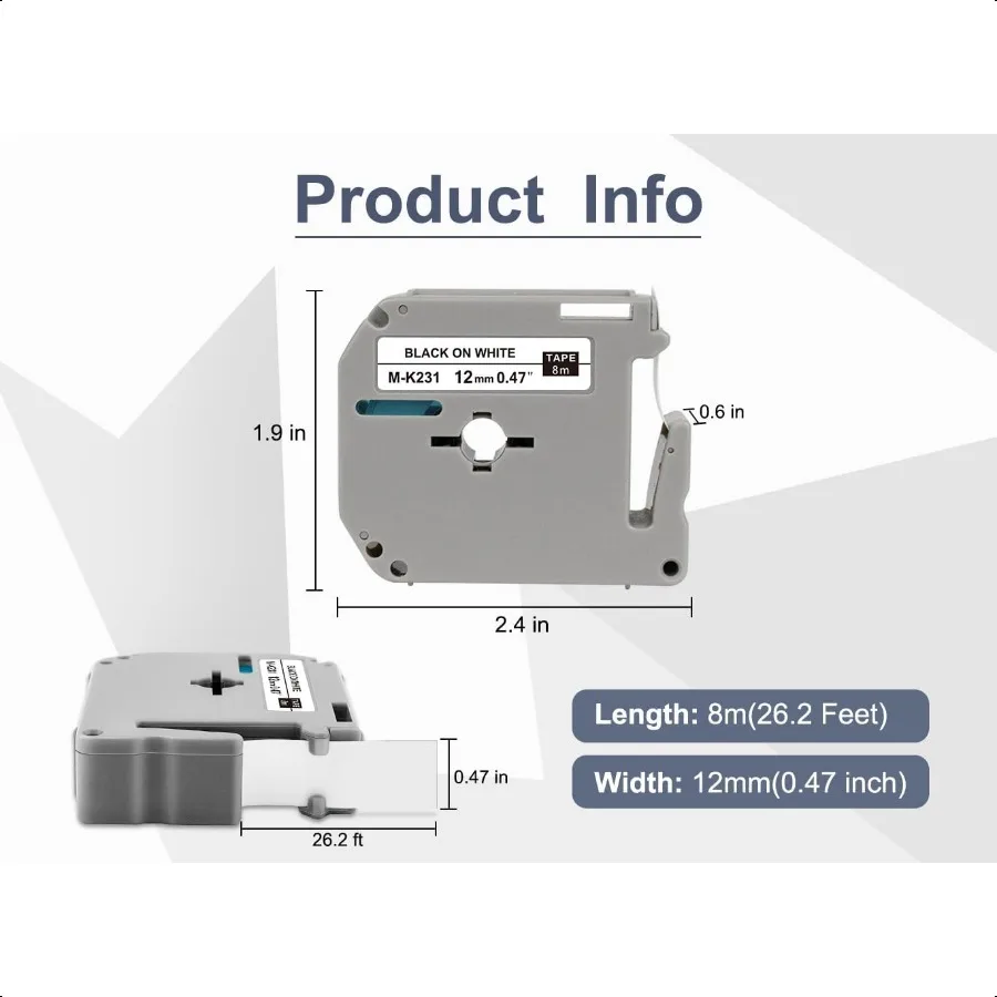 MK231 라벨 테이프 화이트 브라더 푸치 M 테이프 대체품 12mm 0.47 화이트 MK231 MK231s M231 라벨 메이커 PT65 PT85 PT용 리필