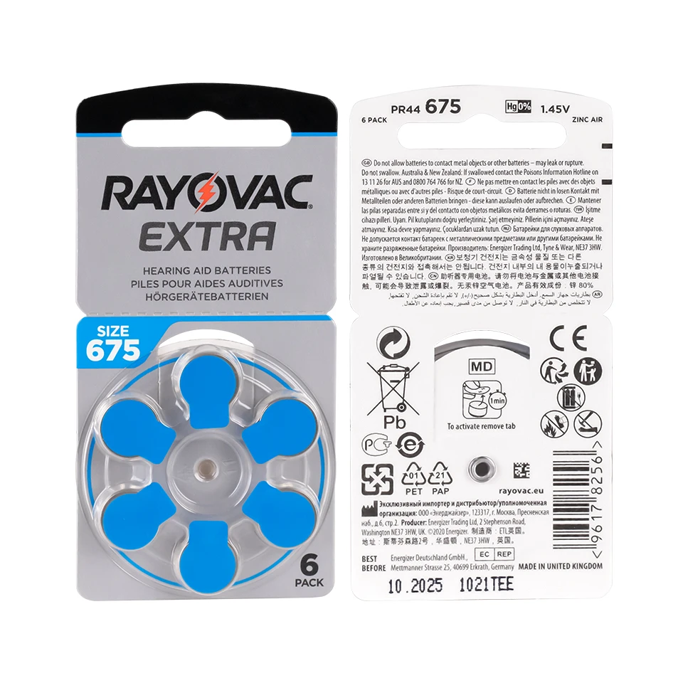 60 PCS Rayovac Extra Performance Hearing Aid Batteries 1.45V 675A 675 A675 PR44 Zinc Air Battery For BTE CIC RIC OE Hearing Aids