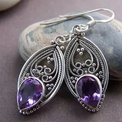 Tribal Silver Color Heart Earrings Vintage Metal Carving Hollow Water Droplet Purple Zircon Dangle Earrings for Women Jewelry