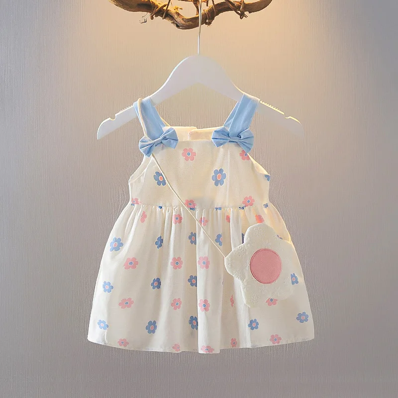 

Summer Newborn 2-Piece Girls Infant Cotton Dress And Backpack Baby Floral Printed Square Collar Sleeveless Beach Dress