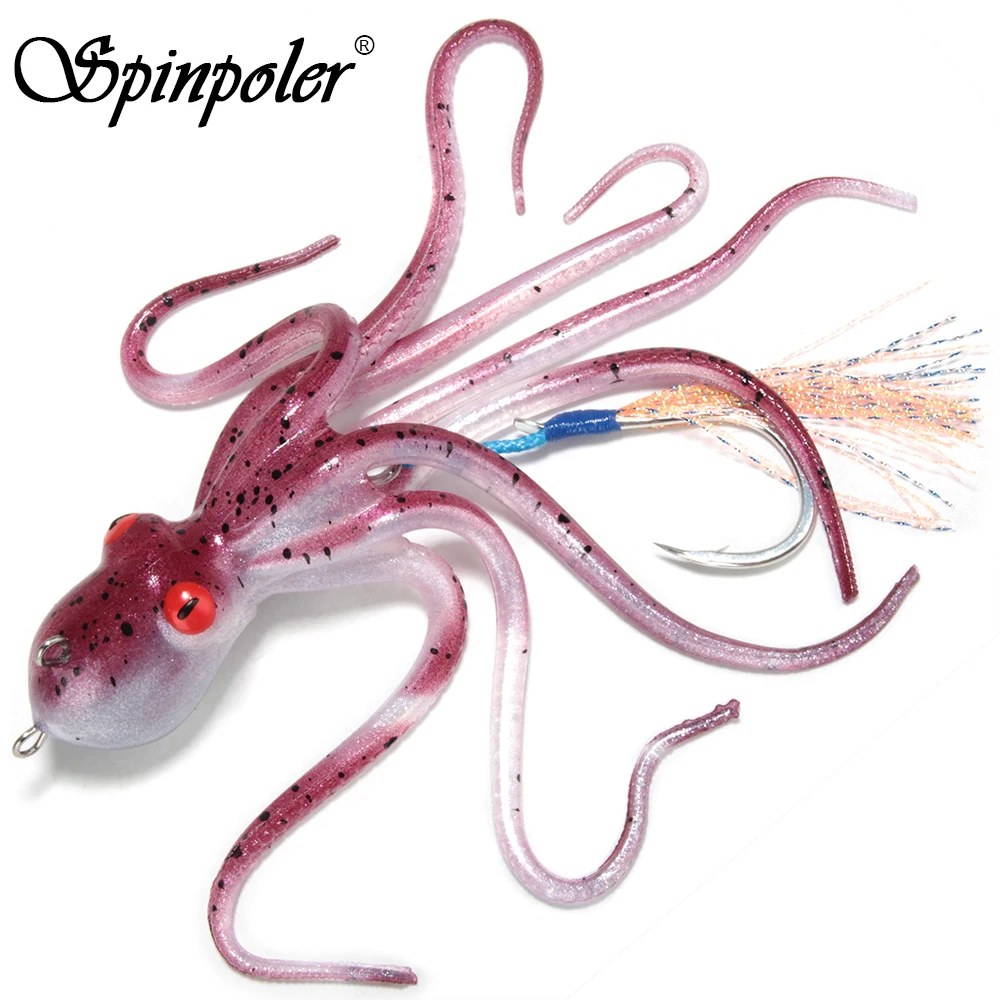 Spinpoler 3D Octopus Squid Skirt Bait With Hook Big Game Drag Fishing Lure TPR UV/Glow 110g/150g/200g Trolling Jigging Tackle