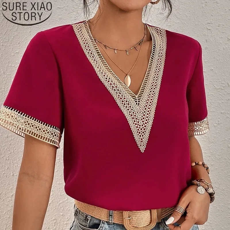 Casual Loose Short Sleeve Women Blouse Tops New Fashion White V Neck Chiffon Women Shirts Female Loose Clothing Blusas 21064