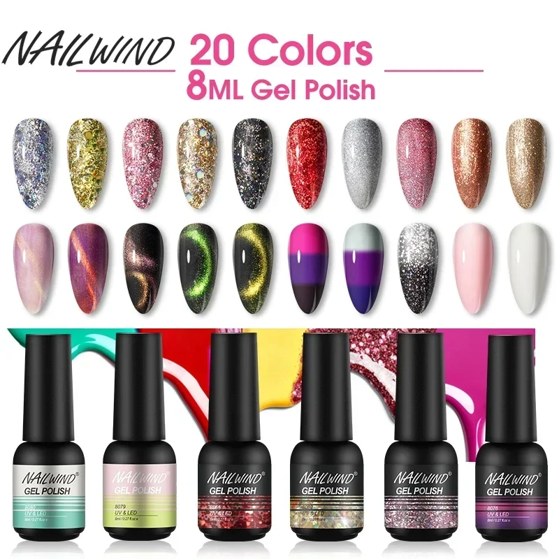 NAILWIND 8mL Nail Gel Polish Semi Permanent For Nail Art Soak Off Semipermanent Glitter lakier do paznokci UV LED Nail Art Manicure DIY